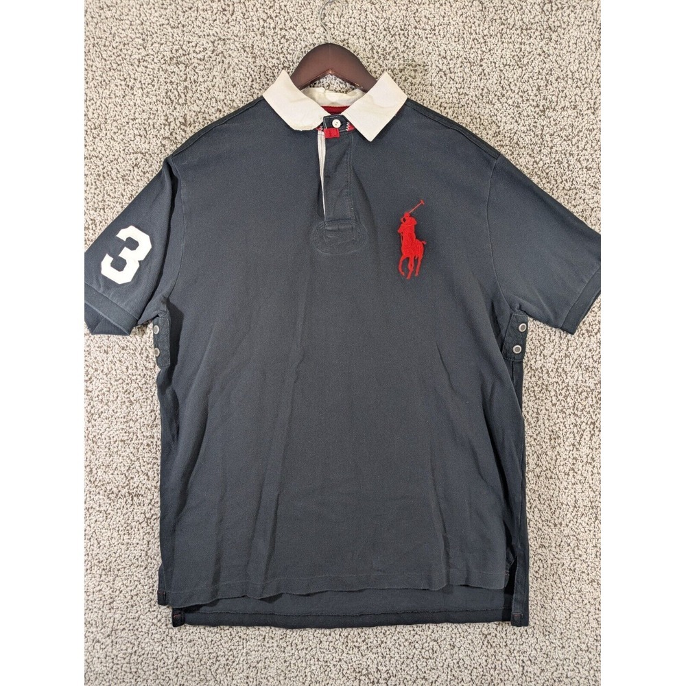 Vtg POLO Ralph Lauren Mens Black Polo Shirt Large Embroidered Red Pony Mesh Vent